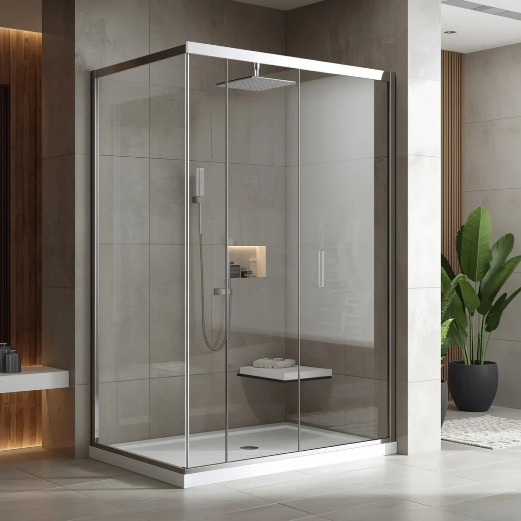 Frameless toughened glass shower cubicle installed in a modern bathroom in Pune